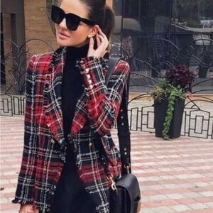 Plaid Tweed Women's Jacket - Red and Black Size L